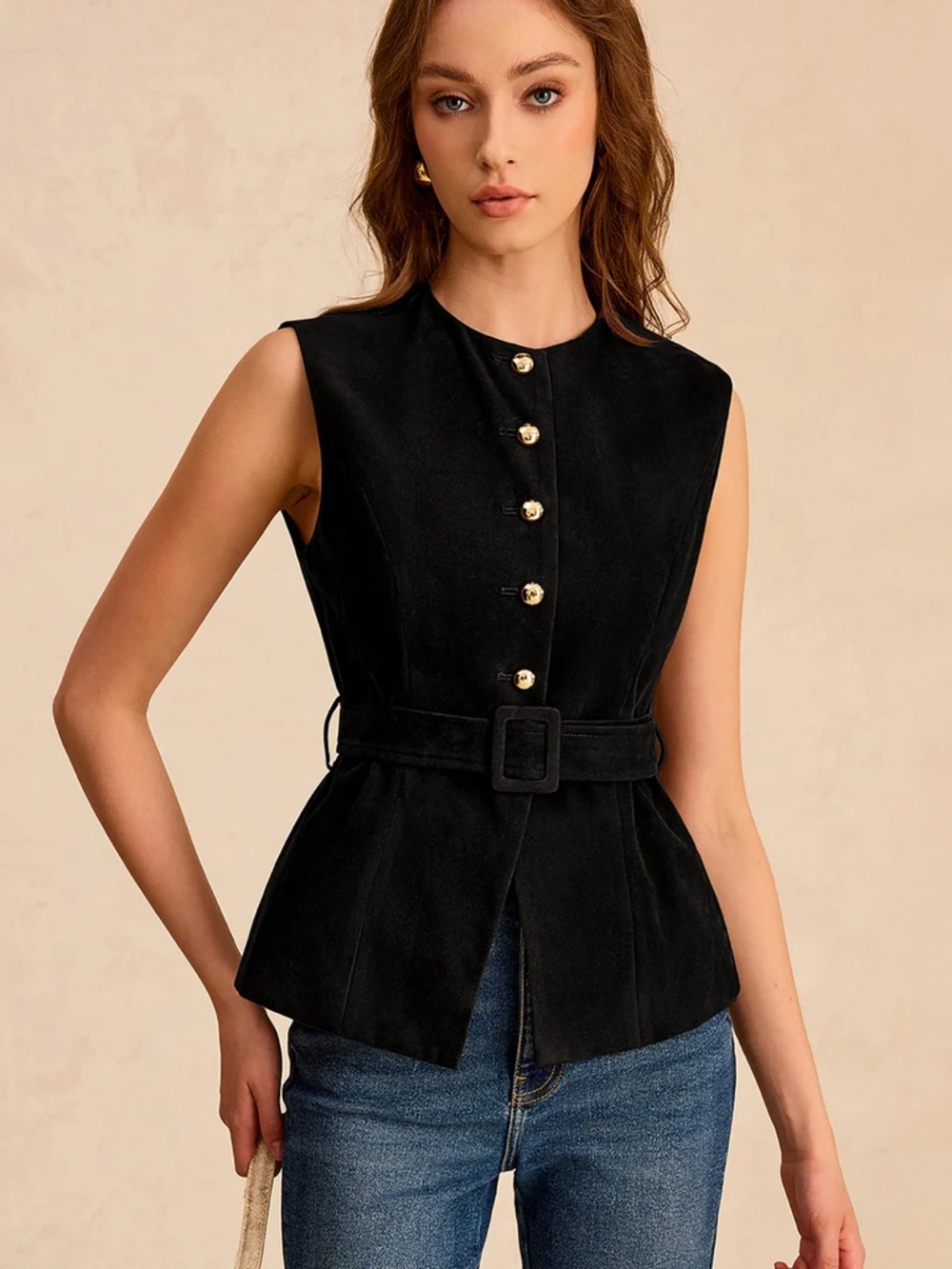 Suede Effect Vest with Belt Size XL Sleeveless Belted Top with Gold Buttons